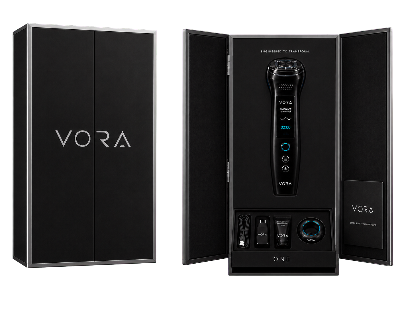 VORA presentation packaging with the accessory drawer open and organized accessories visible