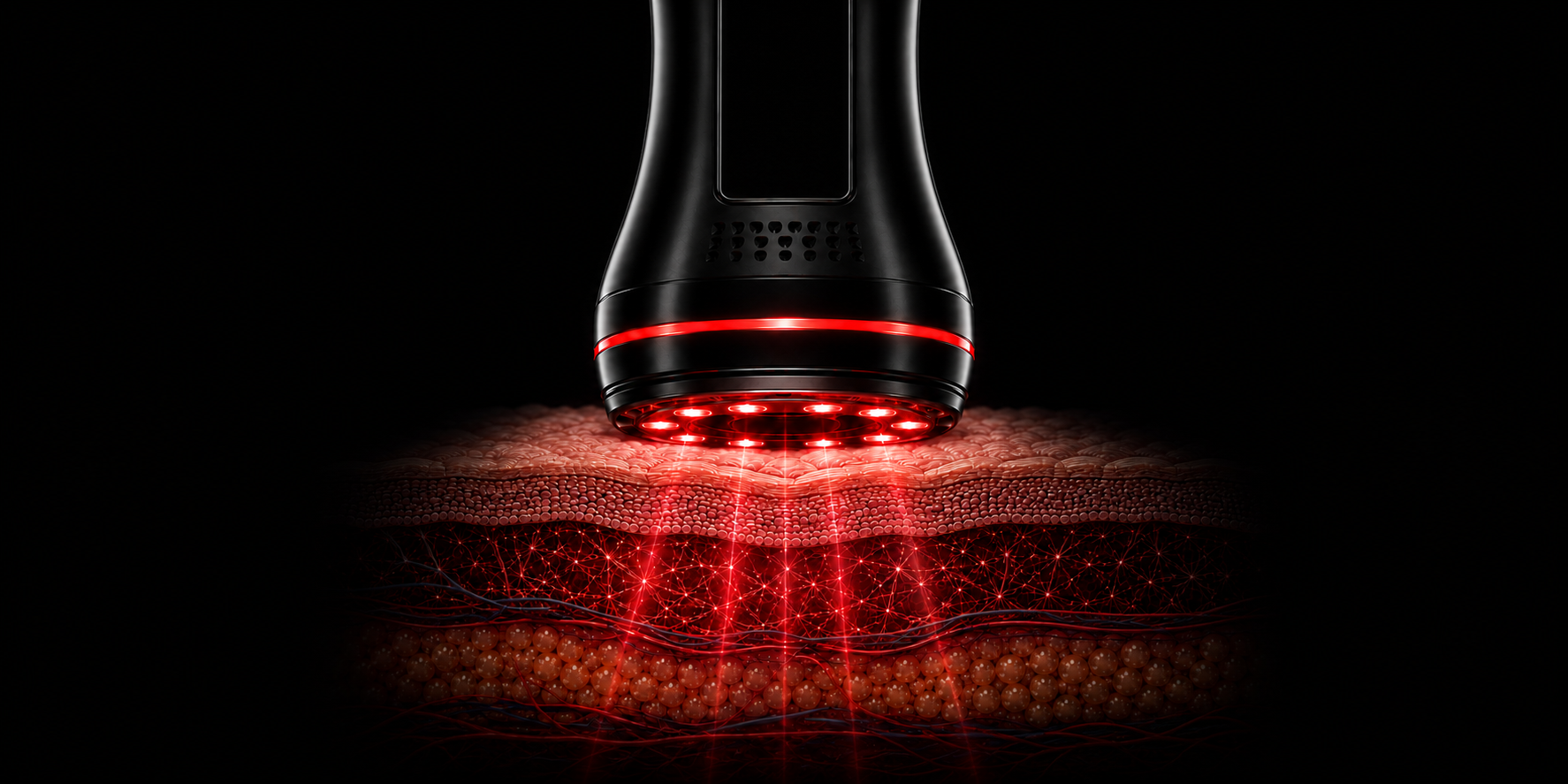 VORA V-CORE treatment head directing red and near-infrared light into the epidermis, dermis and hypodermis